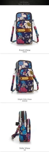 Detailed view of the triple-zipper floral crossbody phone bag with adjustable shoulder strap