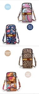 Vertical display of four patterned crossbody phone bags with multi-layer zippers