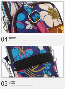 Detail view of floral sports armband featuring adjustable metal buckle and elastic back strap