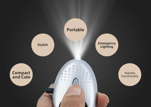 Macro shot of silver portable emergency alarm featuring a bright built-in LED flashlight