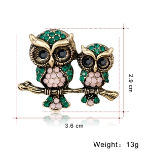 Retro owl branch brooch in gold finish with green crystals and size measurements
