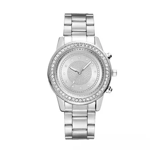 Detailed macro view of silver quartz watch featuring a crystal-encrusted bezel and dial
