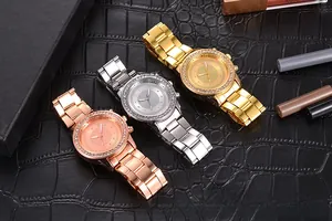 Detailed view of women's quartz watches in rose gold, silver, and gold with full diamond dial