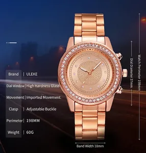 Rose gold luxury women's quartz watch with crystal bezel and 37mm stainless steel band