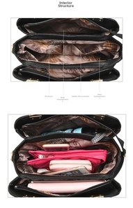 Detail view of the black leather handbag interior compartments and large storage capacity