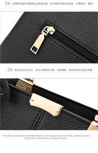 Detail of black lychee leather handbag with gold hardware and reinforced stitching