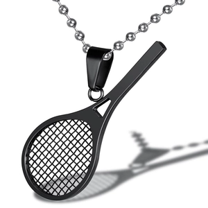 Sleek black tennis racket pendant necklace with silver steel bead chain for fitness enthusiasts