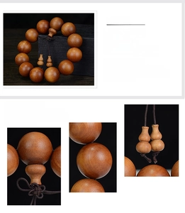 Detailed macro view of 108 sandalwood beads with natural wood grain and gourd-shaped charm