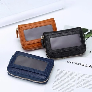 Litchi texture leather wallets in brown, black and blue with clear ID window