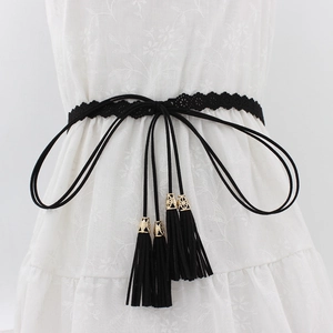 Women Decorative Waist Belt Thin Microfiber Laser Cut Hollow Flower Tassel Tie Up Ethnic Bohemian Dress Accessory