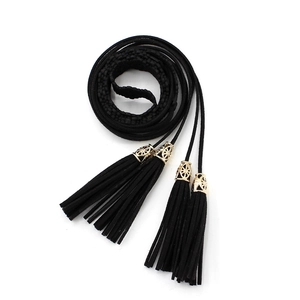 Bohemian black braided waist belt with gold hollow metal caps and long tassels