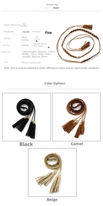 Detail of woven faux leather waist belts with tassels in black, camel and beige tones