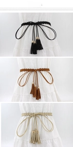 Trio of bohemian woven waist belts featuring tassels and gold metallic accents