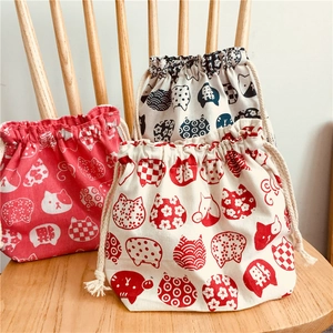 Sac bento japonais en toile avec motifs de chats mignons et cordon en coton épais