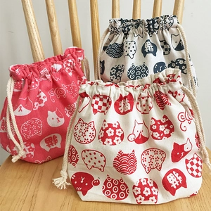 Lot de 3 sacs à lunch japonais en coton et lin avec motifs de chats et cordon de serrage