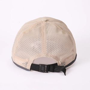 Rear view of a beige mesh baseball cap with adjustable black strap for outdoor sports