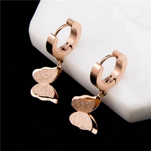 Boucles Oreilles Papillon Pendantes Acier Titane Ailes Mattes Plaqué Or Rose Bijou Elégant Cadeau Femmes