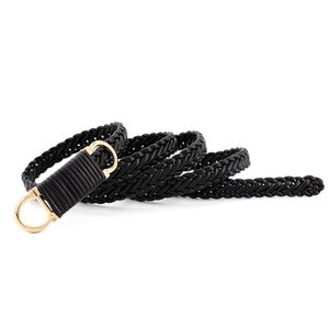 Elegante cintura sottile intrecciata nera da donna con fibbia circolare dorata lucida