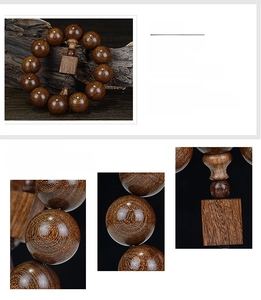 Macro detail of golden silk sandalwood beads showing natural wood grain and textures
