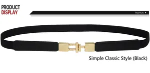 Close-up of a women's black elastic waist belt with a classic golden metal hook buckle