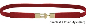 Close-up of red elastic waist belt with a sleek gold metal buckle on white background