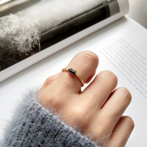 Minimalist 925 silver open ring with rectangular black zircon stone on hand