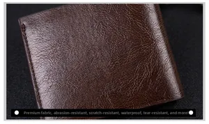 Detail of durable brown leather wallet showing water-resistant and scratch-proof texture