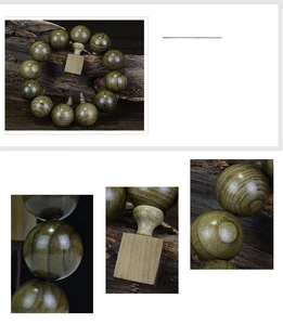 Detail of natural green sandalwood beads showing fine wood grain and handcrafted texture