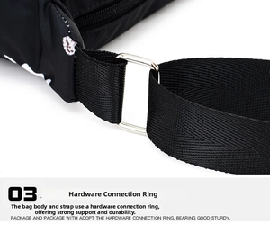 Detailed close-up of durable silver metal rings and reinforced black nylon shoulder strap