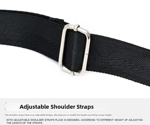 Detail of adjustable black nylon shoulder strap with silver metal buckle and twill texture