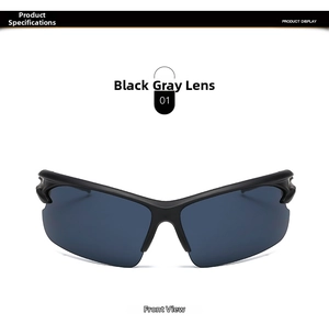 Front view of black wrap-around half-frame cycling sunglasses with dark grey lenses
