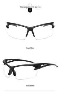 Front and side view of black half-frame cycling glasses with clear protective PC lenses