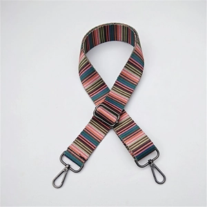 Detailed view of adjustable colorful striped fabric bag strap with black metal buckles