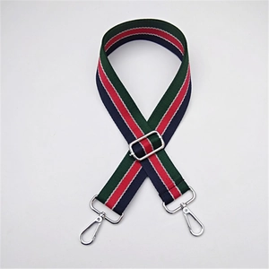 Adjustable wide replacement bag strap with classic red, green, and blue striped webbing