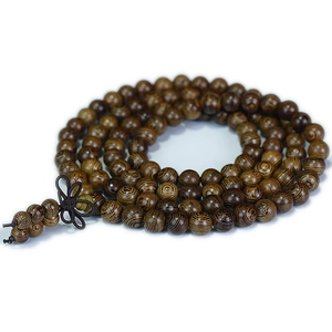 Bracciale buddista in legno di wengè con 108 grani, venature marroni e nodo cinese scuro