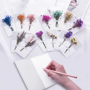 Dettaglio di biglietti d'auguri con mini bouquet di fiori secchi e stile minimalista