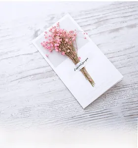 Dettaglio di bouquet di gipsofila essiccata rosa su biglietto d'auguri stampato bianco
