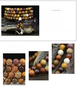 Macro detail of mixed natural old-growth wooden beads and gourd pendant on 108 mala bracelet