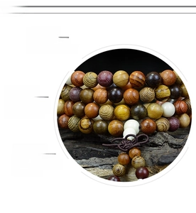 Macro detail of mixed wood beads bracelet showing natural textures and hand-polished finish