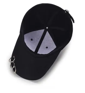 Detail view of black baseball cap with triple silver rings and adjustable strap