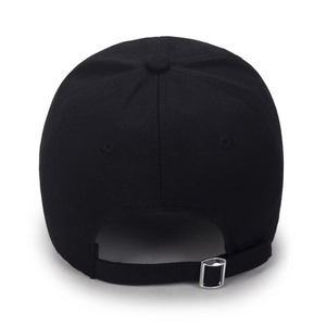 Adjustable black cotton baseball cap with silver metal buckle and classic six-panel design