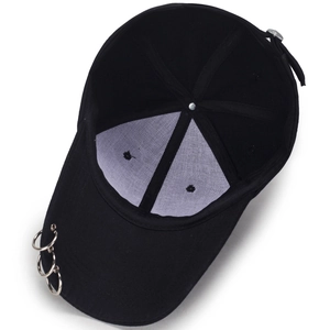 Black cotton baseball cap with three silver metal rings and interior lining view