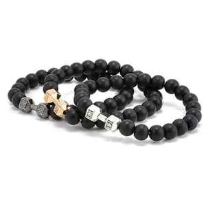 Lava Stone Beaded Bracelet With Alloy Dumbbell Charm Engraved Live Lift Fitness Motivational Sporty Jewelry For Men Women