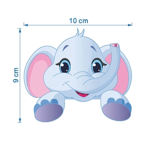 Dimensioni dettagliate dell'adesivo murale elefante blu carino, misura 10cm per 9cm