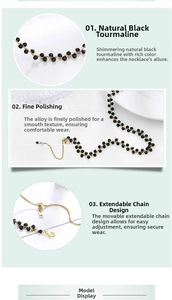 Close-up of black spinel stones with a gold-plated adjustable extension chain