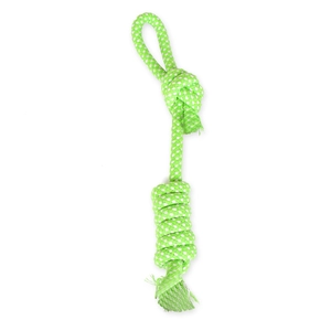 Detailed view of green and white braided cotton dog rope toy with handle and tassel