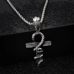 Gothic silver snake wrapped around Ankh cross pendant on a twist steel chain necklace