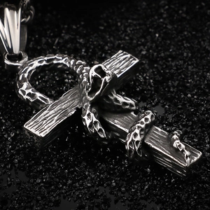 Gothic silver ankh cross pendant with snake wrap on high quality stainless steel chain