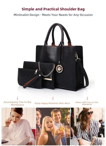 Detailed view of black 3-piece bag set with litchi texture and gold maple leaf pendant