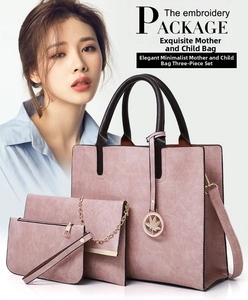Detailed 3-piece faux leather bag set including tote and maple leaf charm in dusty pink